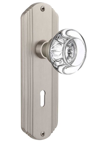 Streamline Moderne Mortise Lock Set with Round Crystal Glass Knobs with Keyhole in Satin Nickel.
